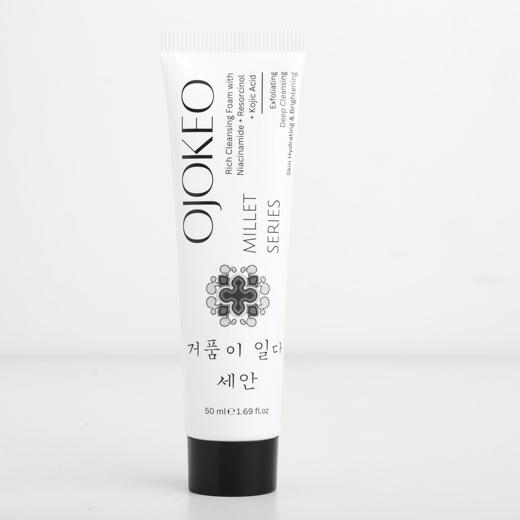 OJOKEO Millet-Powered Face Wash with Niacinamide + Resorcinol + Kojic Acid | Gently Exfoliates | Evens Skin Tone | Boosts Glow | 50 gm