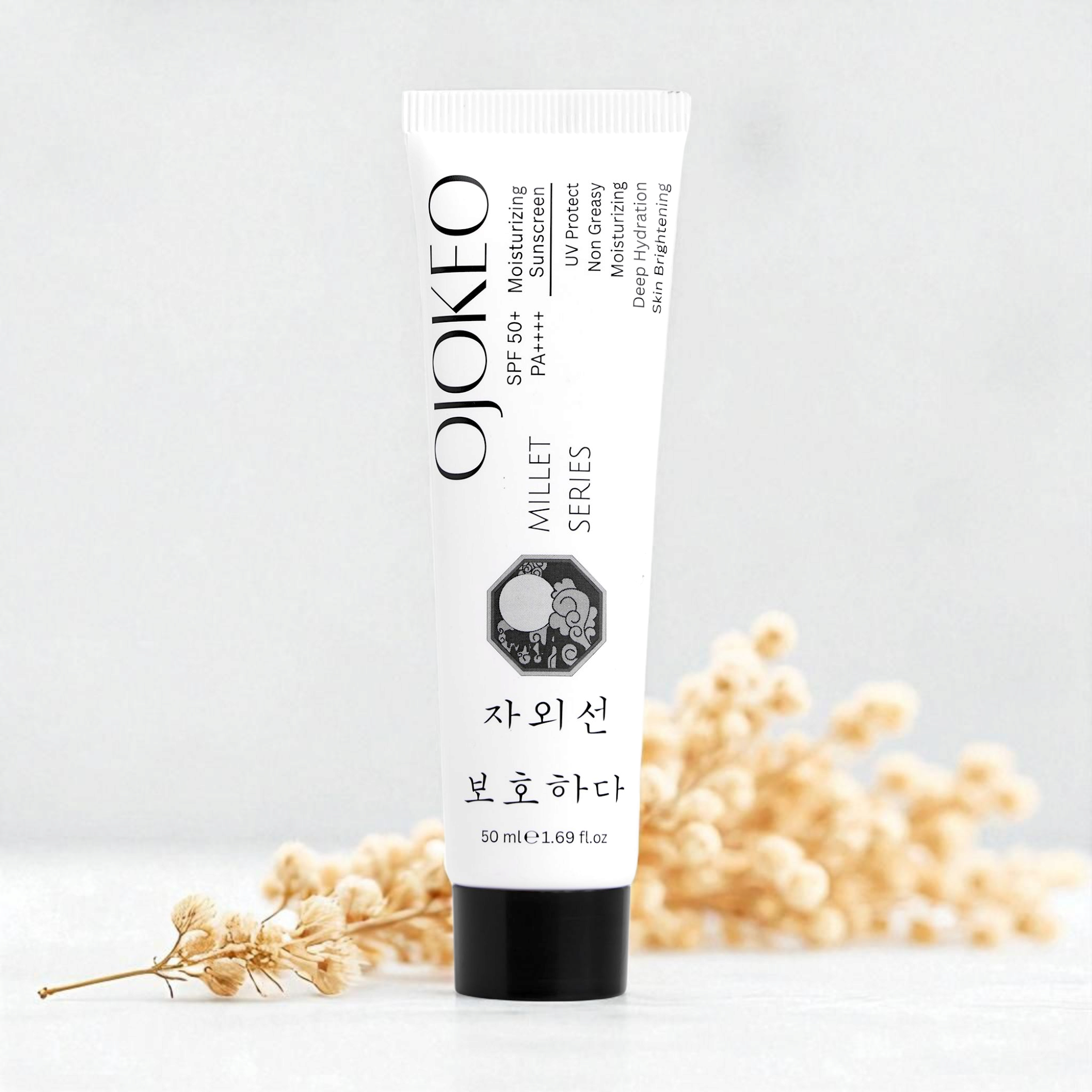 OJOKEO Millet-Powered SPF 50 + PA++++ Moisturizing Sunscreen with Niacinamide + Kojic Acid + Allantoin | 50 gm