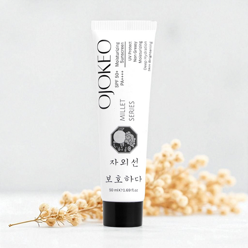 OJOKEO Millet-Powered SPF 50 + PA++++ Moisturizing Sunscreen with Niacinamide + Kojic Acid + Allantoin | 50 gm