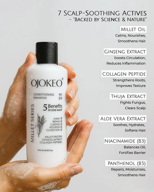 OJOKEO Millet Powered 5 in 1 Conditioning Shampoo | GINSENG | COLLAGEN PEPTIDES | MILLET PROTEIN | 250 ml