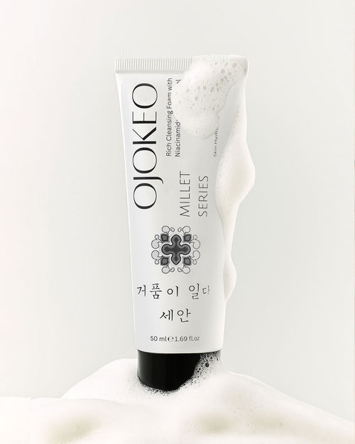 OJOKEO Millet-Powered Face Wash with Niacinamide + Resorcinol + Kojic Acid | Gently Exfoliates | Evens Skin Tone | Boosts Glow | 50 gm
