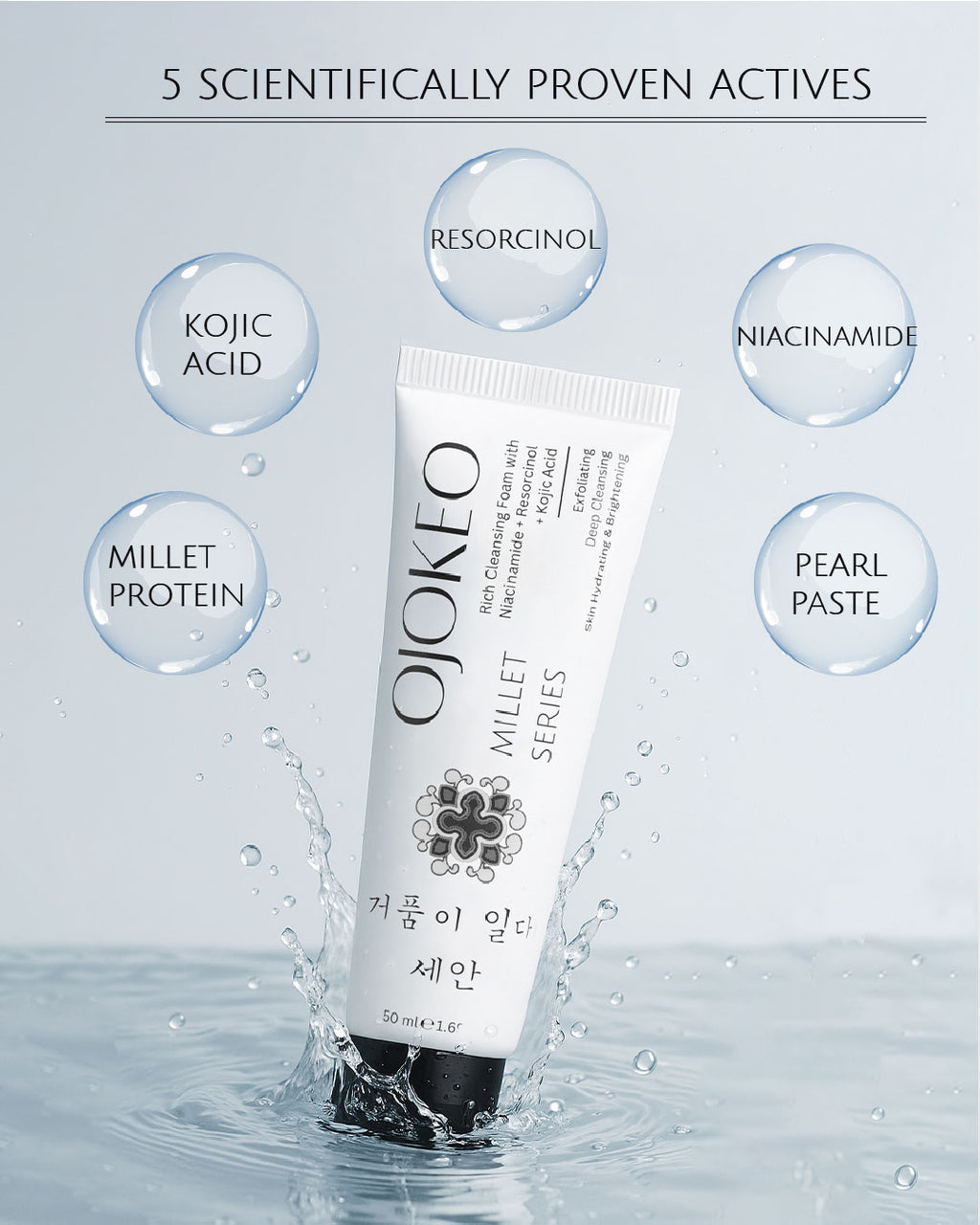 OJOKEO Millet-Powered Face Wash with Niacinamide + Resorcinol + Kojic Acid | Gently Exfoliates | Evens Skin Tone | Boosts Glow | 50 gm