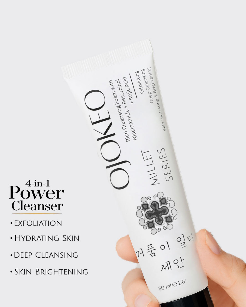 OJOKEO Millet-Powered Face Wash with Niacinamide + Resorcinol + Kojic Acid | Gently Exfoliates | Evens Skin Tone | Boosts Glow | 50 gm