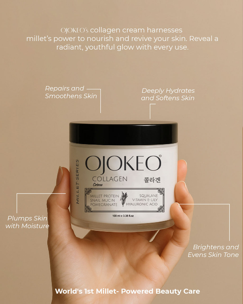 OJOKEO Millet-Powered Collagen Creme | Powerful Anti-Ageing & Hydration with Pomegranate, Snail Mucin, Squalane & Hyaluronic Acid | 100 ml