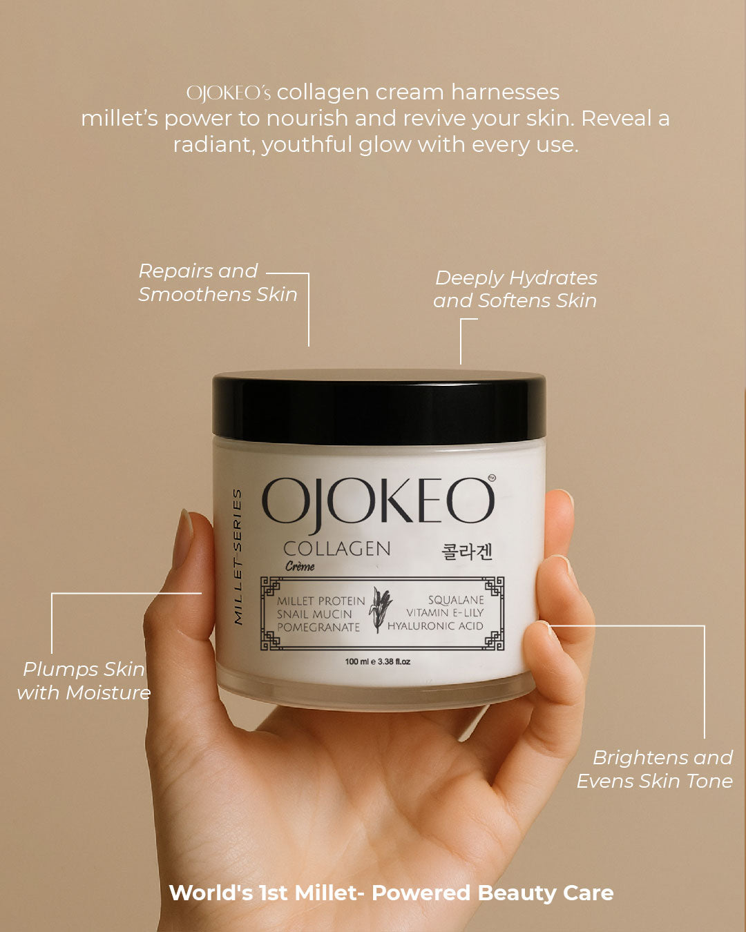 OJOKEO Millet-Powered Collagen Creme | Powerful Anti-Ageing & Hydration with Pomegranate, Snail Mucin, Squalane & Hyaluronic Acid | 100 ml