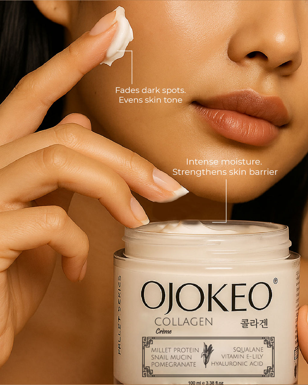 OJOKEO Millet-Powered Collagen Creme | Powerful Anti-Ageing & Hydration with Pomegranate, Snail Mucin, Squalane & Hyaluronic Acid | 100 ml