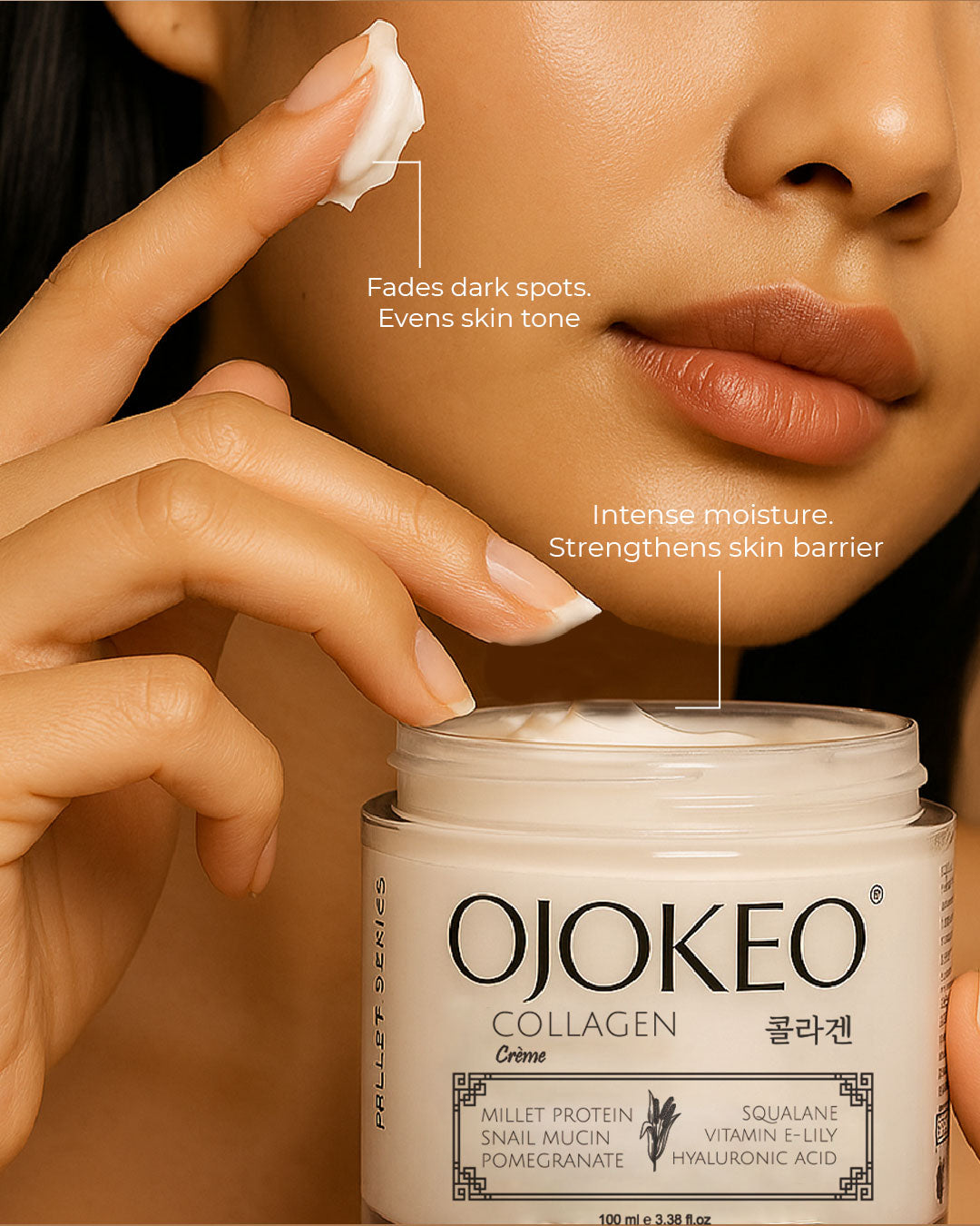 OJOKEO Millet-Powered Collagen Creme | Powerful Anti-Ageing & Hydration with Pomegranate, Snail Mucin, Squalane & Hyaluronic Acid | 100 ml