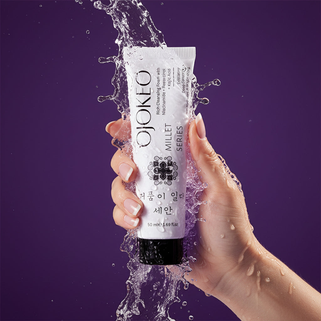 OJOKEO Millet-Powered Face Wash with Niacinamide + Resorcinol + Kojic Acid | Gently Exfoliates | Evens Skin Tone | Boosts Glow | 50 gm