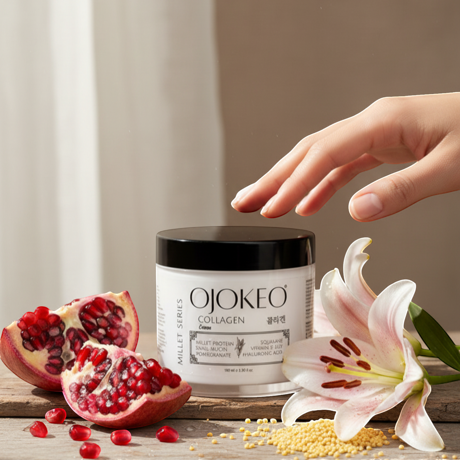OJOKEO Millet-Powered Collagen Creme 100ml jar with key ingredients like millet protein, snail mucin, pomegranate, squalane, vitamin e-lily, and hyaluronic acid.