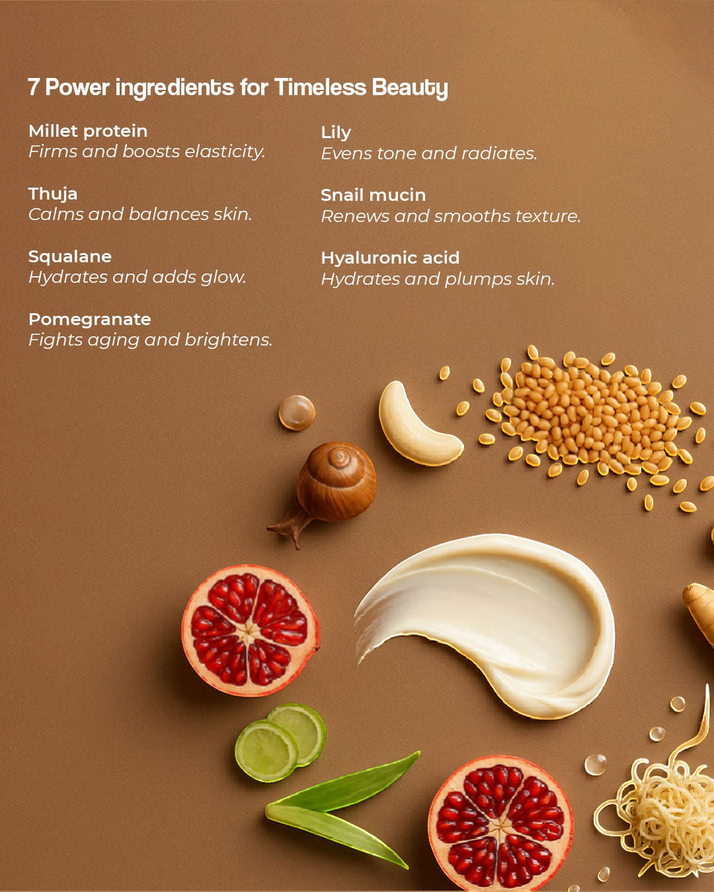 OJOKEO Millet-Powered Collagen Creme with pomegranate, lily, and snail mucin for firming, hydrating, and brightening.