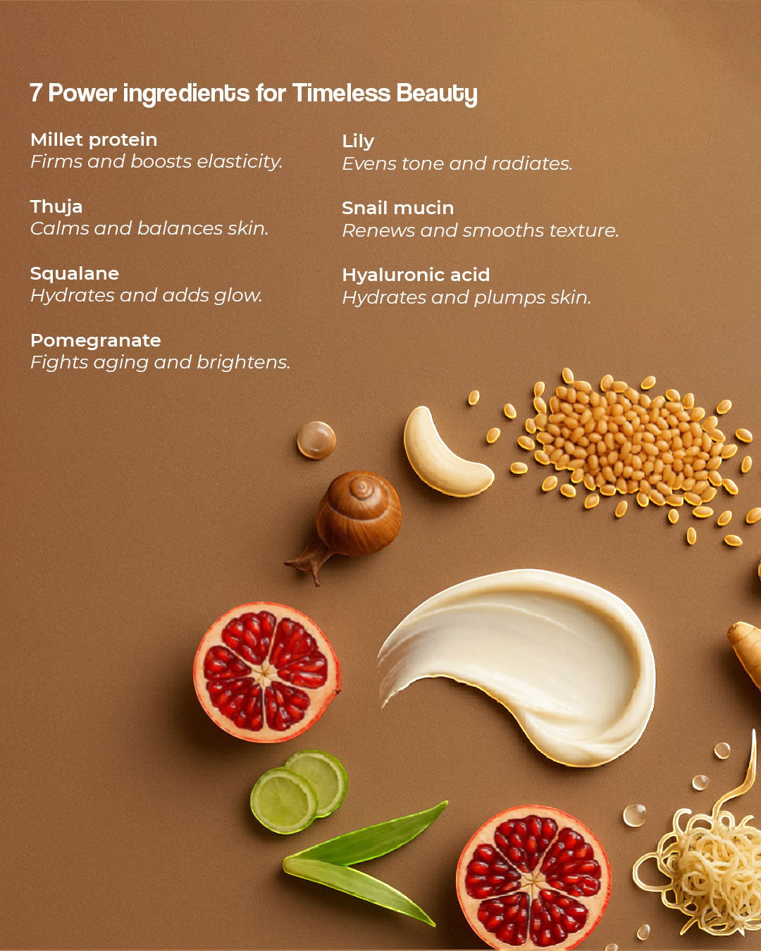 OJOKEO Millet-Powered Collagen Creme with pomegranate, lily, and snail mucin for firming, hydrating, and brightening.